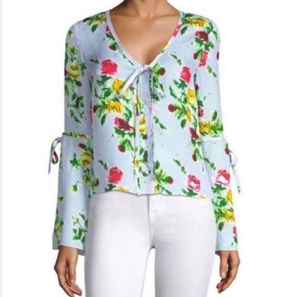 Milly Maggie Rose Print 100% Silk Bell Sleeve Lightweight Blouse